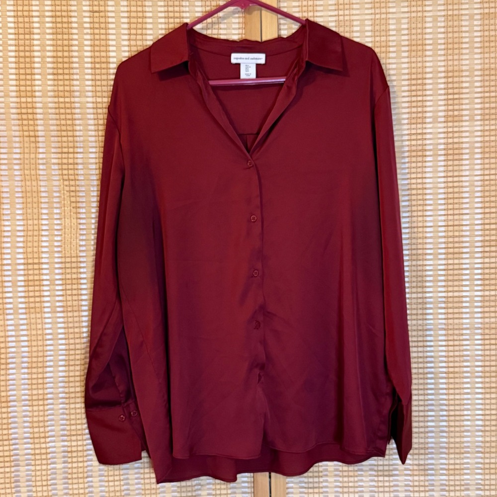 Cupcakes and Cashmere Womens Large Burgundy Satin Button Down Blouse Long Sleeve